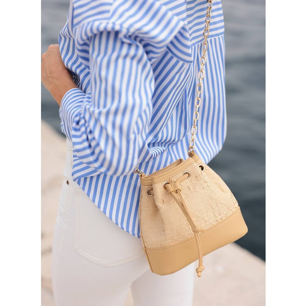 Shiraleah Adrienne Raffia Bucket Bag Chain Strap Tan NWT